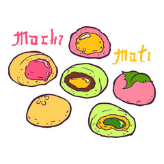 Mochi. Moti. Sweet soft dessert. Ball of rice flour stuffed with bean paste . Traditional Asian Japanese bento dish. Vintage retro style. Isolated clipart set.