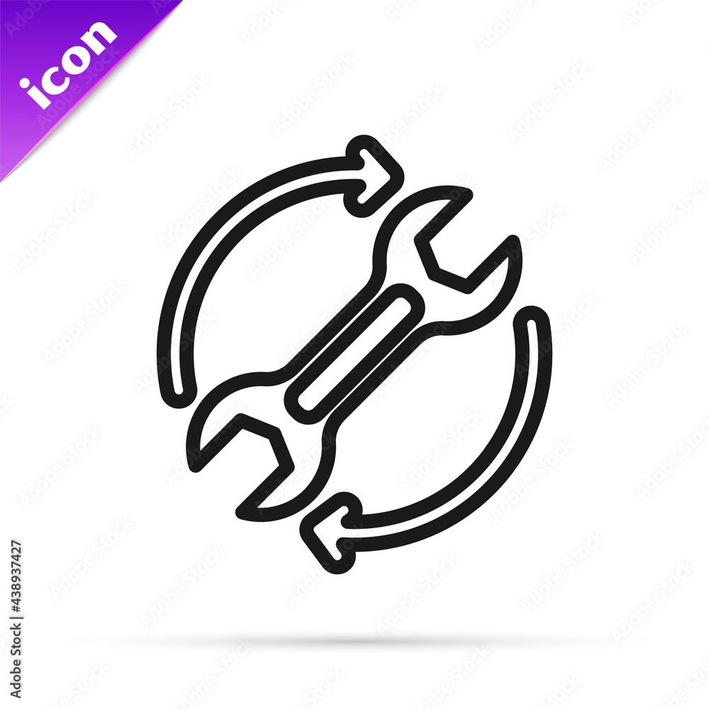 Poster black line wrench spanner and arrows as workflow icon isolated on white background. adjusting, servi