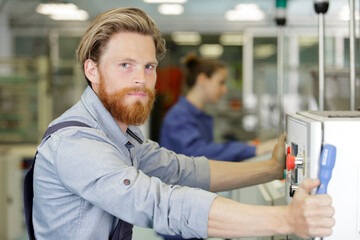 the technician operator use hydraulic bending machine