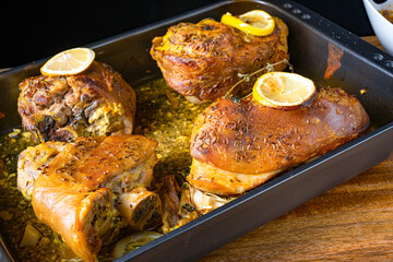 Crispy roasted pork knuckles from the oven