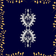 Seamless pattern with interesting doodles on colorfil background. Raster illustration.