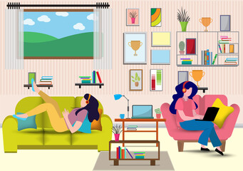 Flat design vector of man and woman doing work at the laptop computer in home.They are sitting on sofa behind computer with picture.work from home,Freelance,Vector Graphic and workplace concept.