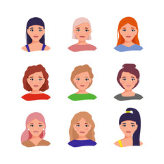 A set of female avatars with different hairstyles and emotions. Vector illustration in flat style.