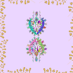 Seamless pattern with interesting doodles on colorfil background. Raster illustration.