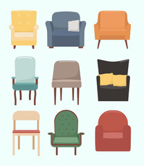Set of armchair. Vector modern armchair. Collection of flat armchair.
