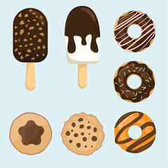 Vector of chocolate sweets. Chocolate pastries and ice cream. Flat collection of cookies and donuts with chocolate. Cartoon desserts set. Vector flat illustration.