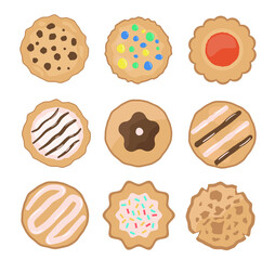 Set of different cookies with glaze and decorations. Cookies biscuit icons set. Biscuit cookies cartoon vector set. Set of pastry. Cookies for web. Vector flat illustration.
