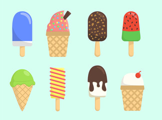 Ice cream cartoon vector set icon. Set of ice cream in a flat style. Color collection of different ice cream. Vector flat illustration.