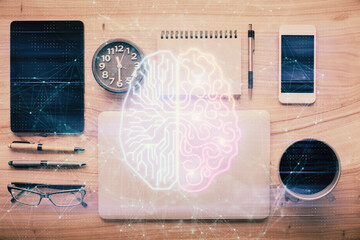 Double exposure of brain drawing over work table desktop. Top view. Global data analysis concept.