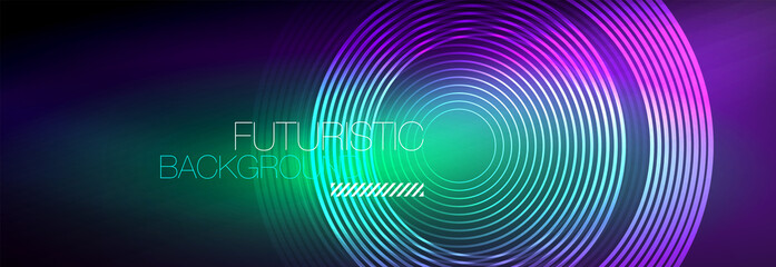 Dark abstract background with glowing neon circles. Trendy layout template for business or technology presentation, internet poster or web brochure cover, wallpaper