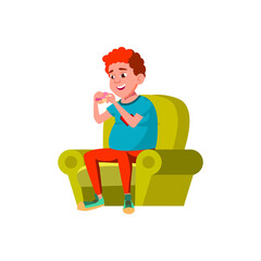 overweight young boy eating donut dessert in living room chair cartoon vector. overweight young boy eating donut dessert in living room chair character. isolated flat cartoon illustration