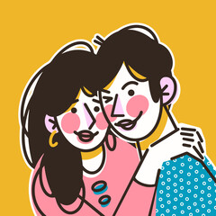 The loving couple together. Date of lovers. Cute print, greeting card for valentine's day. Vector illustration.