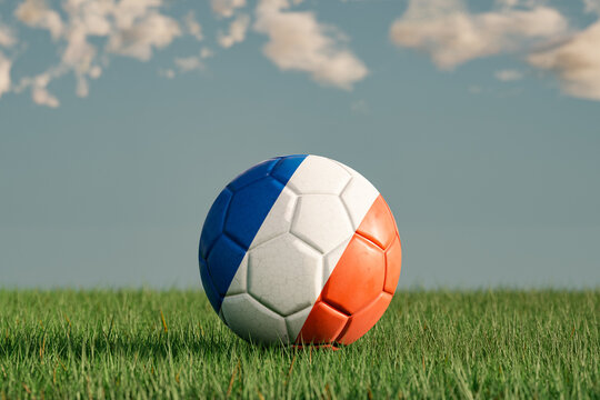 French football with the national colors of France on a green meadow. Leather in slightly used look. Background blue with clouds. 3D illustration. 3D render.