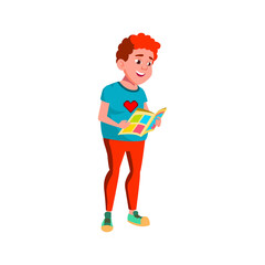 smiling fat boy reading comics in bookstore cartoon vector. smiling fat boy reading comics in bookstore character. isolated flat cartoon illustration