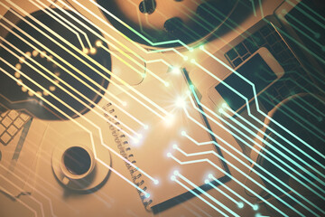 Double exposure of tech theme drawings and office interior background. Technology concept.