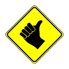 Obraz premium Hitchhiking road sign. Vector illustration of yellow diamond shaped warning road sign with hand thumbs up icon inside. Standing in roadway for purpose of soliciting ride. Caution people on roadside.