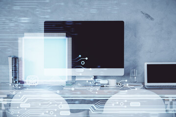 Multi exposure of data theme drawing and office interior background. Concept of technology.