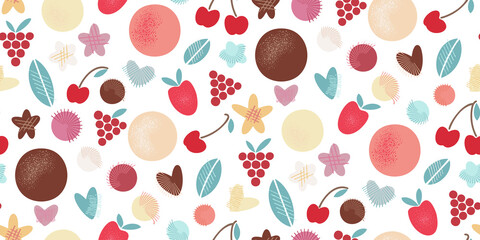 Seamless Pattern of tasty sweet fruit and  berries. Abstract Flowers, leaves, stars, hearts. Summer party. Flat Vector illustration. Wallpaper decor