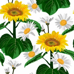 Elegant seamless floral pattern with flowers. Endless design with  sunflowers and daisy for printing. Repeatable botanical background.