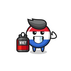 the muscular netherlands flag badge character is holding a protein supplement