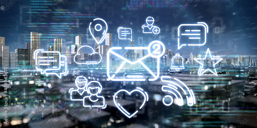 Poster smart city with multmedia network and communication connection - 3d rendering