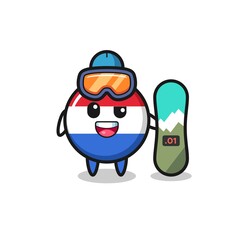 Illustration of netherlands flag badge character with snowboarding style