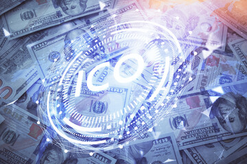 Multi exposure of crypto theme drawing over us dollars bill background. Concept of blockchain success.