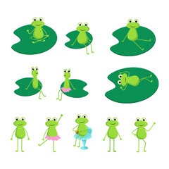 A collection of frogs in different poses. Vector illustration.