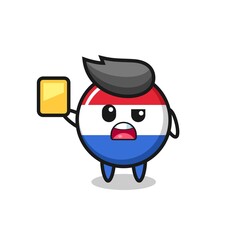 cartoon netherlands flag badge character as a football referee giving a yellow card
