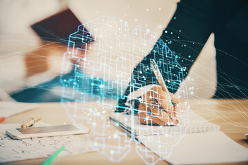 Double exposure of brain drawing over people taking notes background. Concept of Ai