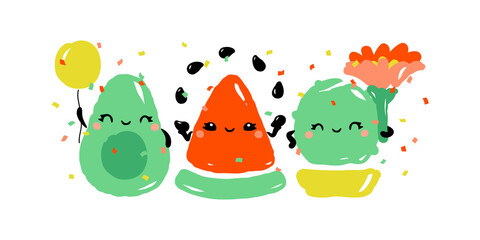 Kawaii characters of avocado, watermelon and cactus celebrating joyful holiday. Happy fruits with cute gifts. Vector illustration for greeting card or poster