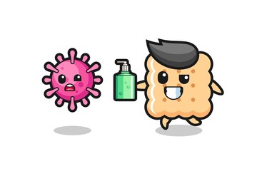 illustration of cracker character chasing evil virus with hand sanitizer