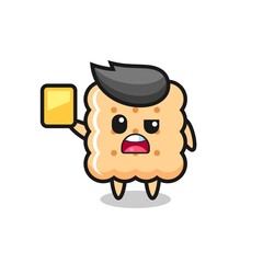 cartoon cracker character as a football referee giving a yellow card