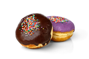 Two colorful donuts with glaze isolated on white background.