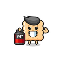 the muscular cracker character is holding a protein supplement