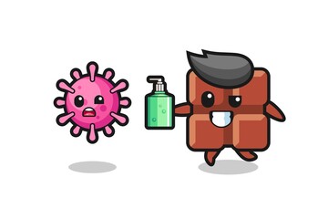 illustration of chocolate bar character chasing evil virus with hand sanitizer