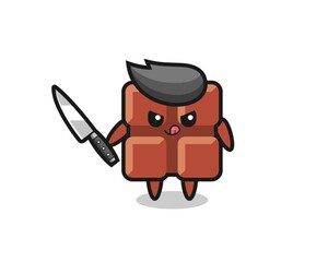 cute chocolate bar mascot as a psychopath holding a knife