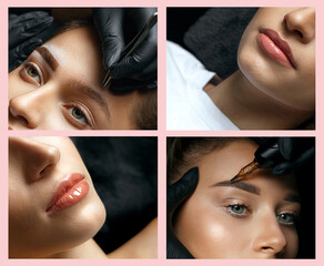 Permanent makeup photos set: cosmetician applying permanent pigment - obrazy, fototapety, plakaty