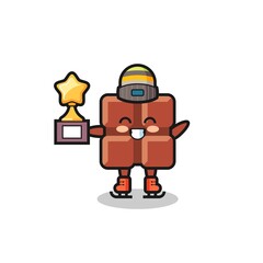 chocolate bar cartoon as an ice skating player hold winner trophy