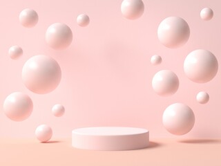 Cylinder podiums in cream pink colors with spheres around. Showcase, display case. 3d rendering.