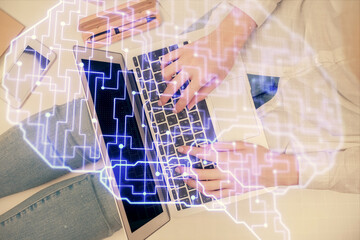 Double exposure of woman working on computer andhuman brain hologram drawing. Top View. Ai concept.