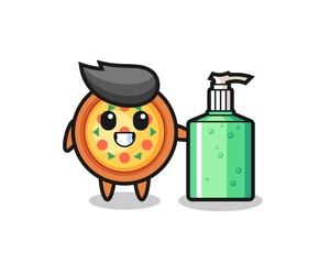 cute pizza cartoon with hand sanitizer