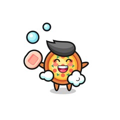 pizza character is bathing while holding soap