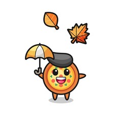 cartoon of the cute pizza holding an umbrella in autumn