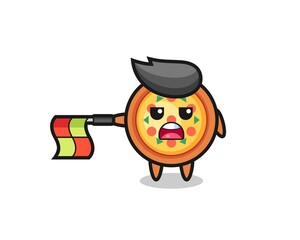 pizza character as line judge hold the flag straight horizontally