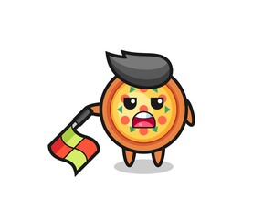 pizza character as line judge hold the flag down at a 45 degree angle