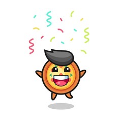 happy pizza mascot jumping for congratulation with colour confetti