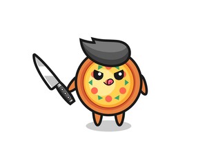 cute pizza mascot as a psychopath holding a knife