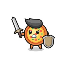 cute pizza soldier fighting with sword and shield