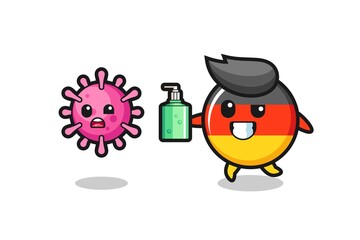 illustration of germany flag badge character chasing evil virus with hand sanitizer